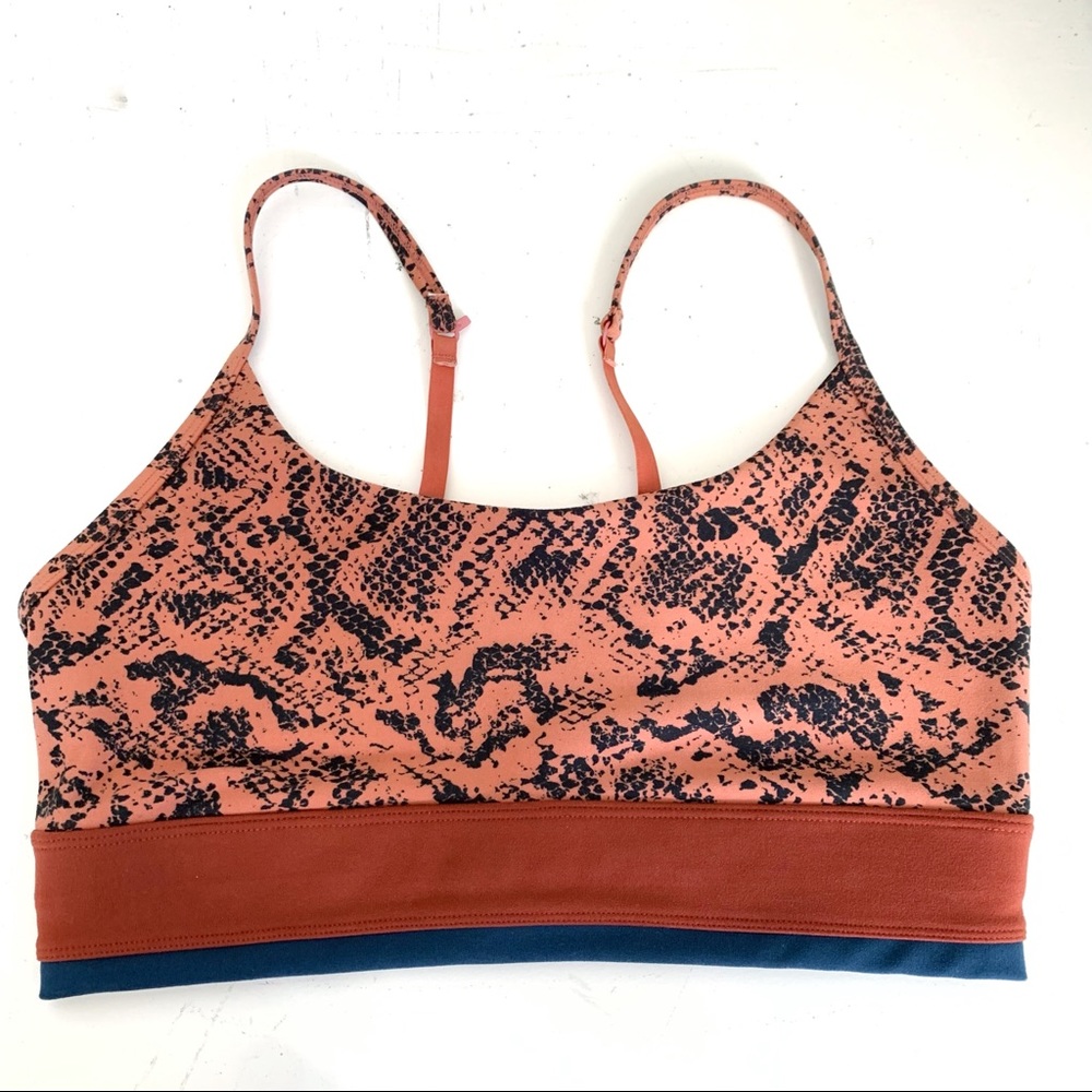 Jessica Simpson Sports Bra snake print color block rust navy racer adjustable